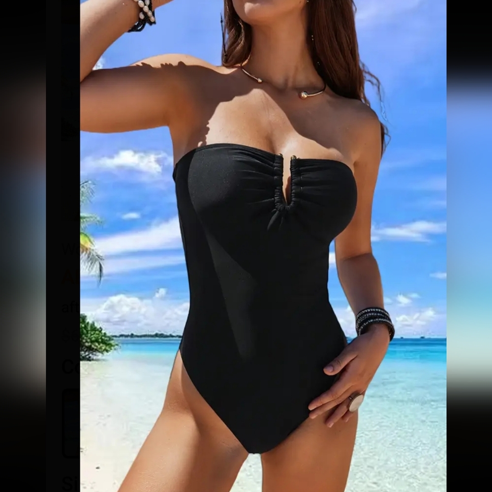 One Piece Strapless Black Swimsuit With Gold Hoop At Chest NWOT